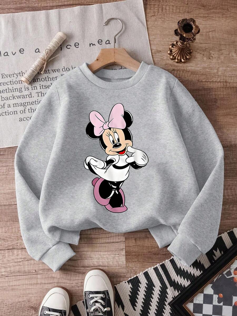 1pc Disney Minnie Mouse Playful Dancing Pose Printed Tween Girls Cute Sweatshirt, Soft & Versatile, Ideal For Casual Weekends & School Days - 灰色 - 查看 1
