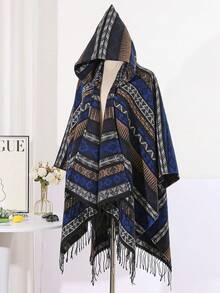 1件几何图案条纹流苏连帽斗篷披肩 - 彩色 - 查看 13