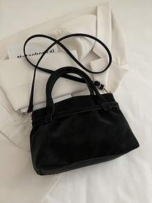 复古麂皮休闲单肩包，大容量手提包，简约时尚水桶包，适合通勤、购物、约会、旅行、办公、商务、生日礼物等场合，拉链封口，可调节肩带，肩带装饰 - 黑色 - 查看 11