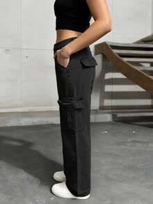女士长款直筒牛仔工装裤，带口袋，休闲装 - 黑色 - 查看 3
