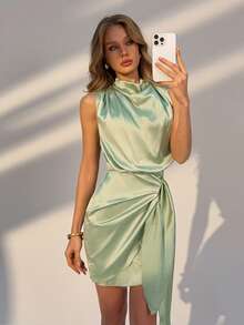 女士优雅褶皱领无袖迷你连衣裙，后背拉链配蝴蝶结腰身设计，适合婚礼宾客、海滩度假、购物出行、约会之夜、度假胜地、休闲城市漫步，纯色春夏派对装扮 - 薄荷綠 - 查看 7