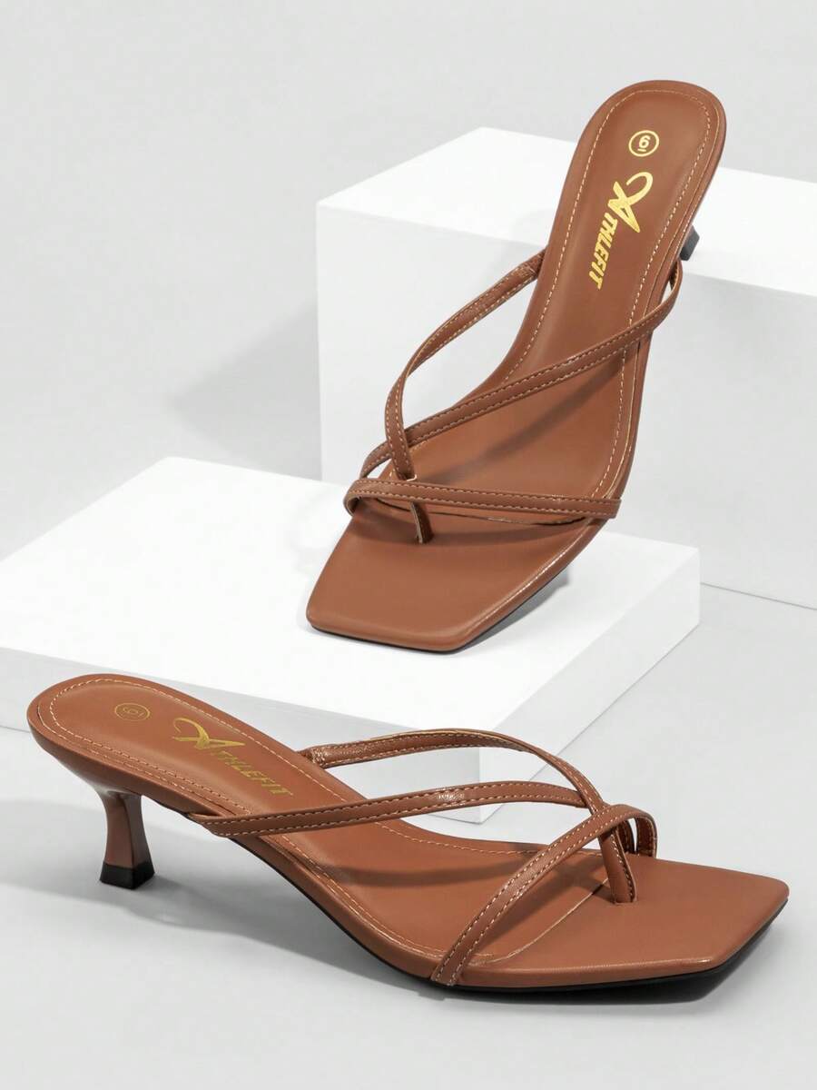 Athlefit Women's Strappy Kitten Heels Flip Flops Square Open Toe Low Heels Fashion Party Dress Thong Heeled Sandals - màu nâu - Xem 1