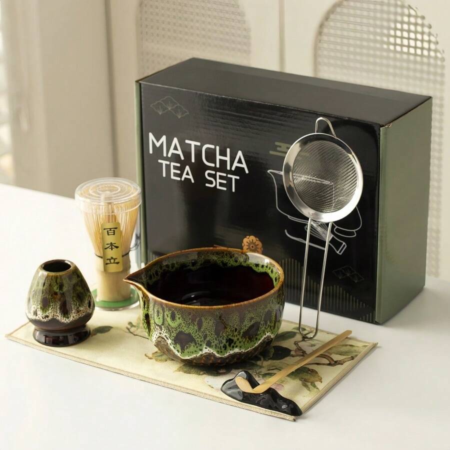 5件套陶瓷抹茶碗套装，釉面开片，中东及日式抹茶入门套装，适合初学者，高温烧制，触感舒适，釉面光滑，简约设计。套装包含陶瓷抹茶碗、抹茶筅、抹茶筛、抹茶勺，手工天然竹制，抹茶冲泡套装，送给男友、女友、家人、朋友、同事的理想礼物，适用于办公室、家庭、茶室等场所，高档茶具礼盒。 - 彩色 - 查看 1