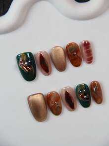 10 Stücke handgefertigtes mandelförmiges Nagelkunst Zubehör, Acryl Nagel Sticker mit barocken grünen Edelsteinen, goldener Katzenaugen-, Teufelsaugen-Designs, geeignet für Partys, Hochzeiten, Alltagsgebrauch, inklusive Werkzeug-Set, tolles Geschenk für Frauen Nägel Nagelzubehör - Grün - Übersicht 4