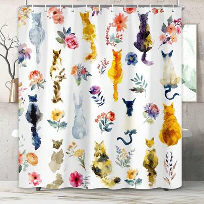 1pc Abstract Cat Graffiti Shower Curtain, Cartoon Animal Cat Printed Shower Curtain, Very Suitable For Bathroom Decoration, Universal Room Decoration, Home Decoration Set, Bathroom Accessories Bathtub Curtain