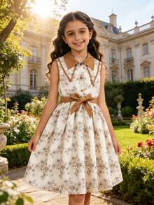 女童梭织数码印花休闲优雅连衣裙 - 杏色 - 查看 1