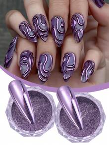 2pcs Purple Mirror Metallic Powder, Purple Matte Metallic DIY Y2K Style Charming Nail Art Powder Decorations - Purple - View 2