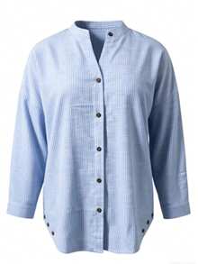 Camicetta donna con stampa a righe azzurra chiara, con bottoni, casual e versatile, scollo a V, maniche arrotolate, adatta per l'ufficio e l'uso quotidiano, primavera/estate - Blu - Visualizzare 3
