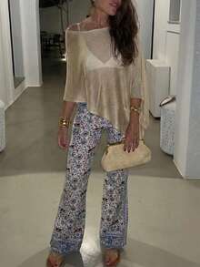 SEREN 女士夏季宽松休闲罩衫，轻薄半透明，性感露肩不对称下摆针织上衣，沙滩度假装 - 金色 - 查看 4