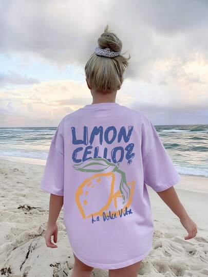 Women's Lemon Print Round Neck Short Sleeve T-Shirt, Casual Vacation Style Top, Fashionable Summer Everyday Casual