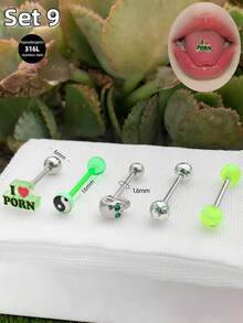 Morlyda Bộ 5 chiếc khuyên lưỡi dễ thương màu hồng hình kẹo mút, chất liệu thép không gỉ 14G, hình hoa anh đào, dâu tây, hoa hồng, hình ngôi sao, trái tim, hình bướm, thích hợp cho nữ và bé gái, quà tặng ngày Valentine, Giáng sinh, dự tiệc, kỳ nghỉ, đeo hàng ngày, trang sức xỏ khuyên cơ thể cho mùa hè, du lịch, đám cưới, tiệc tùng, sinh nhật, phối đồ hàng ngày, món quà tuyệt vời cho bạn bè, đeo hàng ngày dự tiệc, đi chơi đêm, tụ họp xã hội. - màu xanh lá - Xem 11