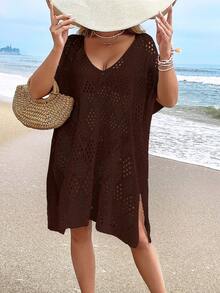 女士时尚休闲镂空罩衫（不含比基尼）度假海滩夏季 - 咖啡棕 - 查看 4