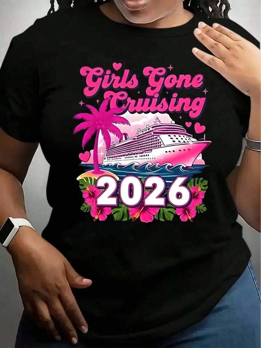 Unisex T Shirt Girls Gone Cruising 2026 Cruise Ship Palm Tree Floral Design Summer Vacation Party Travel Outfit - 黑色 - 查看 1