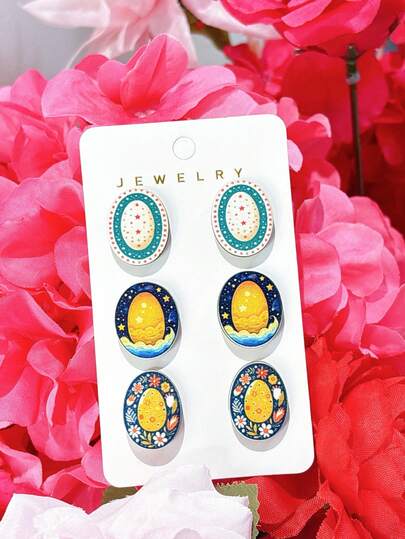 3 Pairs Wooden Easter Egg Printed Vintage Cute Earrings Set, Gift For Women