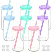 8/4pcs 16oz Double Wall Glass Tumbler, DIY Glitter Mason Jar Cup With Lid, Straw And Silicone Plug - Hand Wash, BPA & PVC Free - Multicolor - View 17