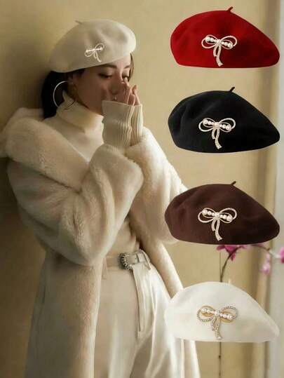 1顶女士纯色贝雷帽，带蝴蝶结和金属装饰，复古休闲百搭圆顶艺术家贝雷帽，秋冬季