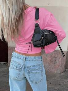 Nueva blusa elegante de manga larga con cuello redondo y volantes de unicolor, adecuada para vacaciones, citas, escuela, viajes y uso diario en primavera - rosa - Ver 2