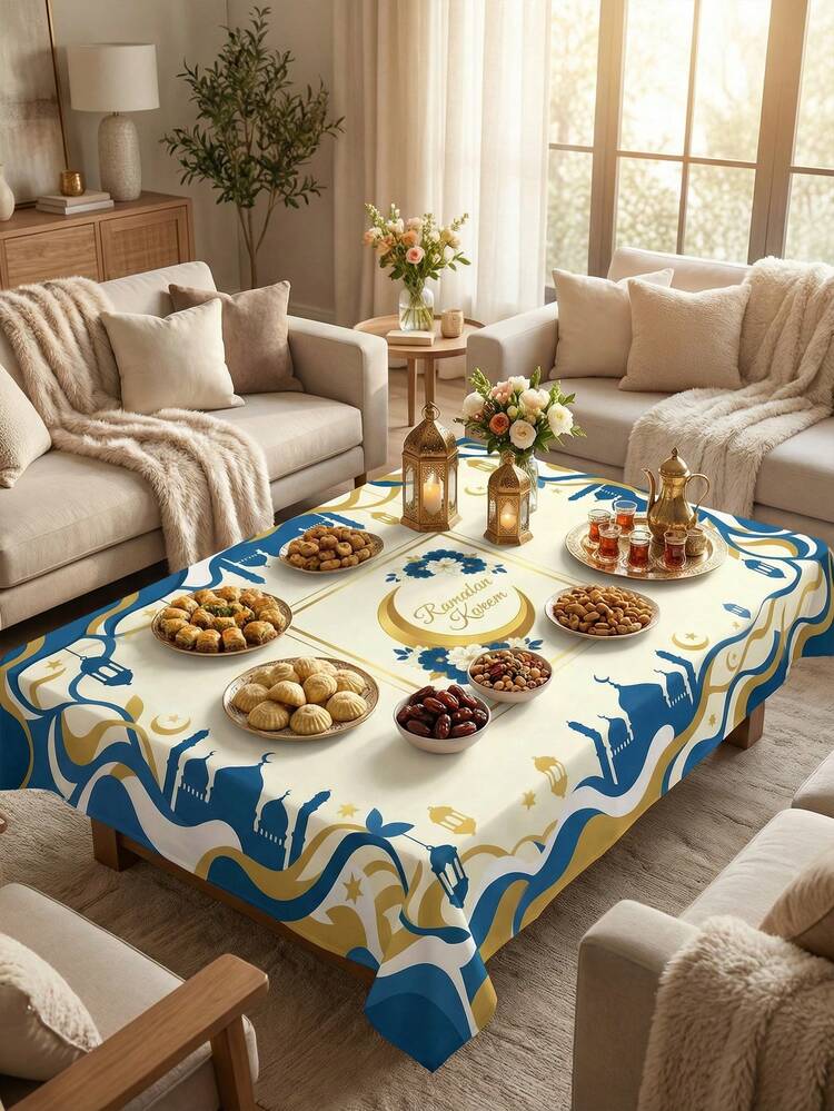 1pc "Ramadan Kareem" Palace Tablecloth - Emerald Green & Gold With Islamic Castle, Moon & Lantern Motifs, Regal Decor For Grand Iftar Feasts & Eid Celebrations - Multicolor - View 21