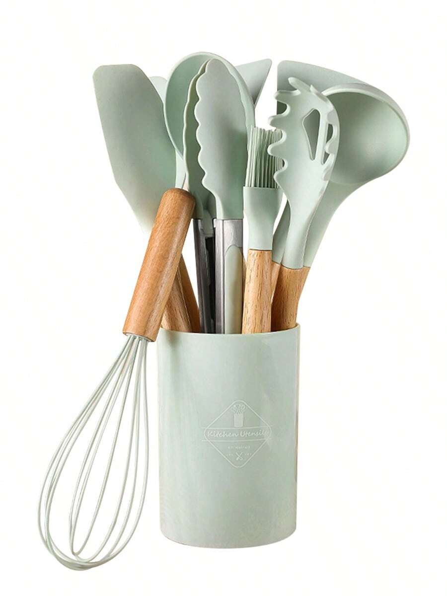 Meoky 12pcs Wooden Handle Silicone Kitchen Utensil Set, Heat Resistant Non-Stick Cooking & Baking Tools, Suitable For Kitchen - Green - Regular - View 1