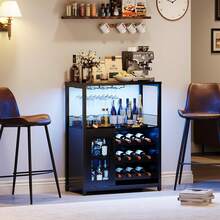 Mueble Bar de Vino 3 Niveles con Estante para Copas y Almacenamiento Multifuncional para Sala y Comedor - Negro con luces - Ver 3