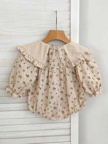 Lace Collar Print Long Sleeve Romper, Baby Girls, Sweet Style, Spring/Autumn - Apricot - View 3