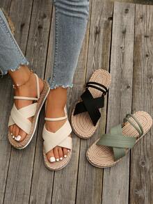 Nuevas sandalias/pantuflas planas de playa bohemias versátiles de moda para exteriores/interiores de talla grande, ropa de calle Y2K - Beis - Ver 1