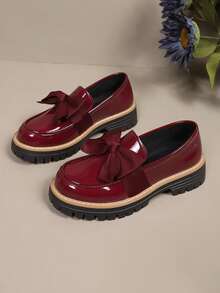 New Women Loafers Thick Sole Fashion Versatile Leather Upper Slip-On Round Toe Black Bow Shoes, Suitable For Spring And Autumn - Burgundy - View 6