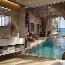 1pc Mediterranean Shower Curtain Suitable For Bath & Shower - Rustic Stone Cave With Turquoise Ocean View, Bougainvillea & Shutters, Machine-Washable Fabric, 12 Hooks Included, Fits Tubs, Mediterranean Bath Decor 66x72 Inches HSY - A - Xem 1