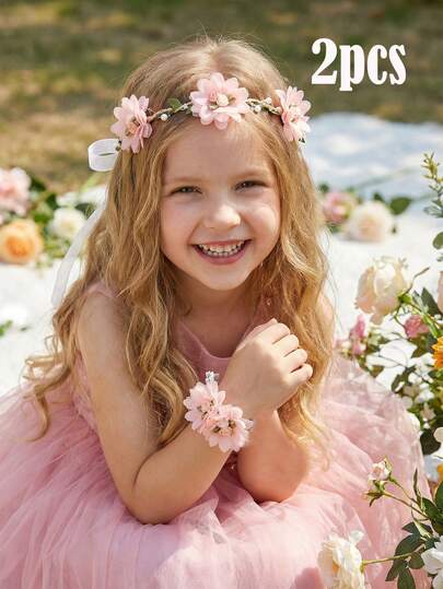 2pcs/Set Pink Rose Flower Crown + Flower Bracelet Set, For Girls, Ice & Snow Themed Wedding Dress, Bridal Shower, Party Photo Booth Props, Wedding Decor, Valentine's Day Gift, Parent-Child