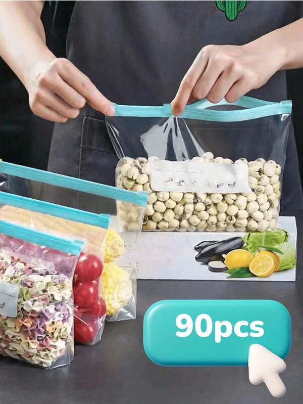 90pcs Reusable Airtight Food Storage Bags (10 Large + 15 Medium + 20 Small), Thick Freezer Bags, Microwave , Blue, For Long-Term Food Preservation And Organization, Transparent PE Zipper Bags, Suitable For Kitchen Food Categorization And Snack Storage