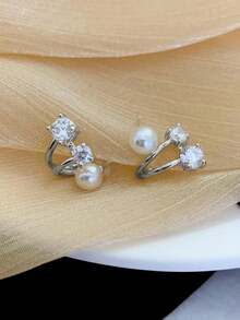 Nooxian 1对时尚简约高光泽仿珍珠耳环，小众优雅水钻双戴耳环，女士礼物 - 銀色 - 查看 4