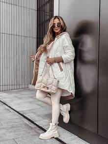 女士冬季外套，棉质连帽羽绒服，中长款，带口袋和不对称下摆 - 白色 - 查看 2