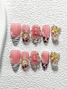 10件套奢华网红风亚克力美甲套装，包含亚克力美甲贴纸、金色镂空水钻装饰、金色蝴蝶、手工五瓣渐变粉色花朵、黑色豹纹、树枝美甲装饰，是送给女性和女孩的理想美甲礼物，套装内含美甲工具和美甲用品。 - 彩色 - 查看 3