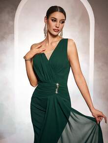 Women's Solid Color Asymmetric Neckline Backless Bodycon Elegant Sleeveless Dress Party Spring Wedding - Dark Green - View 6