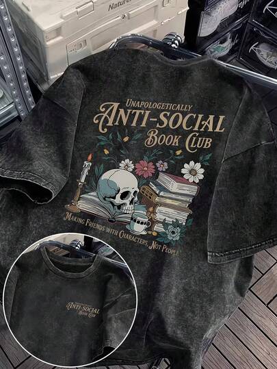Retro Distressed Style Skull Book Print Short-Sleeved T-Shirt, Dark And Artistic, Anti-Social Book Club Style. Loose Fit, Plus Size Retro T-Shirt, Plus Size Crew Neck T-Shirt, Spring/Summer Essential, Winter Lining, Women's Top, Autumn/Winter Season, Comfortable Fit, Autumn/Winter Clothing, Everyday Wear.