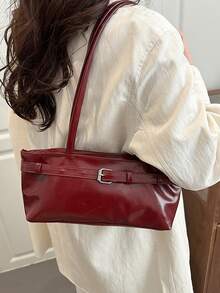 1个复古大容量手提包，通勤超大腋下包，时尚摩托车手提包，PU纯色油蜡皮革，带肩带装饰，拉链封口，女士单肩包，适合工作、大学生背包、短途旅行、度假、购物、商务等场合，日常使用皆宜。 - 酒紅色 - 查看 4