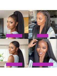 透明假发，蓬松直发长发假发，13x4蕾丝前假发，预拔毛预剪Yaki直发假发，180%密度蕾丝前假发，真人发预拔毛预剪，带婴儿发，新手友好，适合生日派对、毕业典礼、婚礼、度假，日常佩戴魅力十足，馈赠亲友。打造活力造型，多种造型选择（波波头假发，8-16英寸） - SNatural - 查看 4