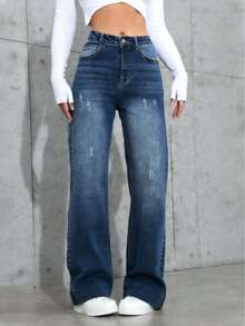 2026New Girls' Mid Waist Straight Tube Washed Grey Blue Women's Jeans And Pants, Personalized Flower Grinding, Water Washing Technology,  Fashionable Daily Wear, Multiple Pockets, Comfortable And Casual Pants, Suitable For All Seasons, Essential For Women's Wardrobes - xám xanh - Xem 3