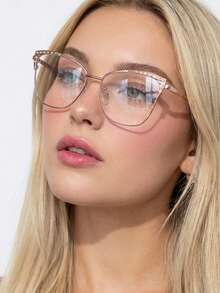 1 Pair Women's Pink Cat Eye Rhinestone Metal Frame Personality Spring Legs Retro Fashionable Non-Prescription Glasses - Pink - View 1