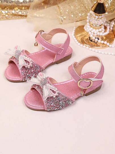 1 Pair Vintage Girls Sandals With Hollow Bowknot And Rhinestones, Sweet Style, Summer New Non-Slip Rubber Sole Open Toe Breathable Fashion, Suitable For Party, Vacation, Breathable Toe-Exposed Beach Sandals With Soft Non-Slip Soles