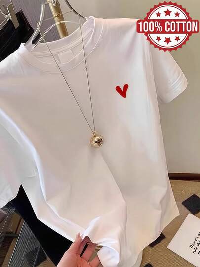 Camiseta feminina canelada de algodão com estampa de coração vermelho, modelo esportivo, ideal para viagens de primavera e verão. Blusa feminina casual de manga curta, macia e respirável.