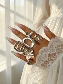 Bộ nhẫn điều chỉnh được, kiểu dáng cổ điển thanh lịch, retro, bất đối xứng, hình học, đường nét nổi bật, cong, chất liệu dày dặn, phong cách Bohemian dành cho nam và nữ, món quà lý tưởng cho bạn bè, gia đình, người yêu, phù hợp cho các bữa tiệc, ngày lễ, đeo hàng ngày (Giao hàng ngẫu nhiên) - Bạc - Xem 7