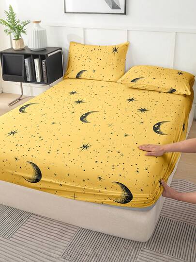 Fluffy Soft 2/3pcs Fitted Sheet Set, Fitted Sheets, Mattress Protector  , Wrinkle-Free, Breathable Bed Cover Set With Deep Pockets, Anti-Pilling, Stretchy, Elastic, Quiet, Non-Slip For All Bed Sizes, Home Dorm Bedroom Decor, Machine Washable, Skin-Friendly, All-Season Bedding Essentials, Durable And Easy To Care, Modern Aesthetic, Star And Moon Print