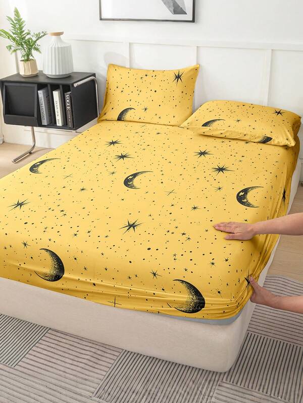 蓬松柔软2/3件套床笠套装，包含床笠、床垫保护套，防皱透气，深口袋设计，抗起球，弹力十足，静音防滑，适用于各种尺寸的床，家居宿舍卧室装饰，可机洗，亲肤舒适，四季皆宜，经久耐用，易于打理，现代美学设计，星月印花