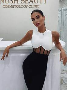 Women's Fashion Short Fitted Dress, Summer Mesh Sheer Dress, Elegant White And Black Cocktail Party Dress For Nightclub, Sexy Outfit Wedding Spring - Black and White - View 9