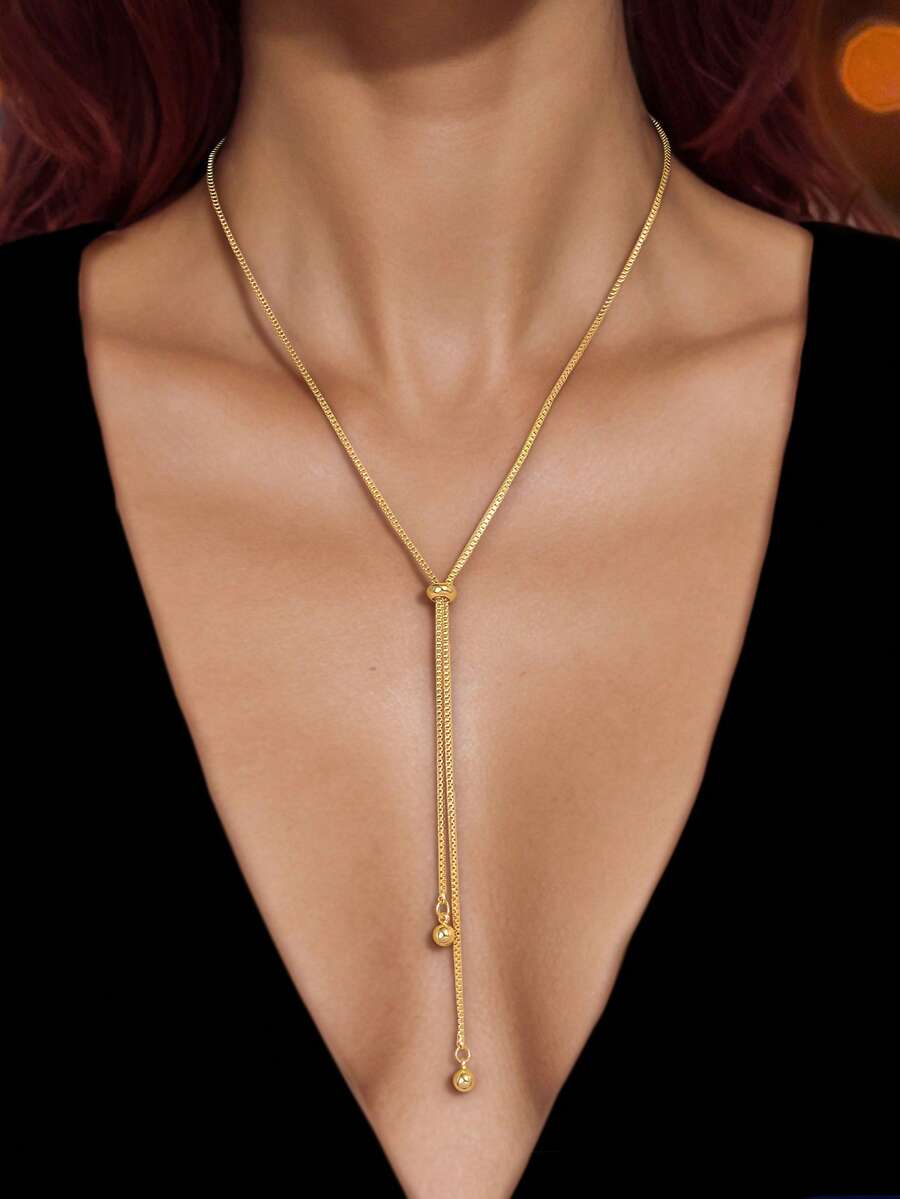 珠子裝飾Y字項鍊 - 金黃色 - 查看 1