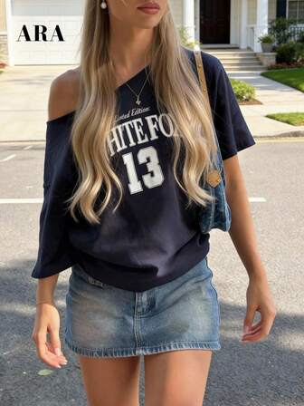 ARA CHIC Women Navy Blue Asymmetric Dropped Shoulder Letter Print Short Sleeve T-Shirt, Colorblock Numeric Graphic Casual Round Neck Top, Spring/Summer Vacation College Style