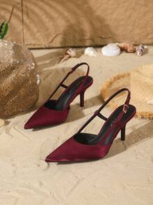On feet& in love Women's Elegant Pointed Toe Slip-On Pumps With Metal Buckle Decor, Versatile High Heels Suitable For Dresses And Weddings - Burgundy - View 5