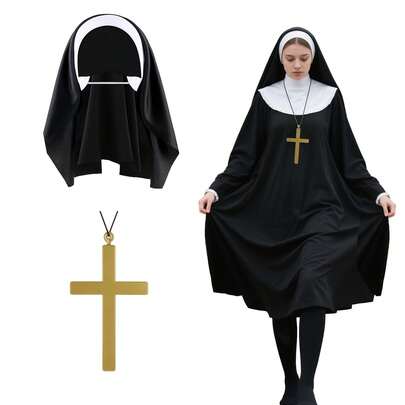 3pcs Nun Costume Accessories Set For Women, Nun Fancy Dress Outfit With Black Dress Nun Headpiece Cross Necklace Nun Dress Up Costume For Halloween Carnival Nun Cosplay Party, Perfect For Thanksgiving