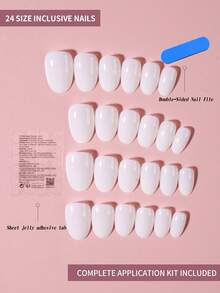 24片椭圆形短款白色亮面美甲贴纸套装，亚克力材质，短款完美贴合假指甲套装，包含：1片果冻胶和1把指甲锉，适合女性和女孩日常工作、学习和派对使用。美甲用品 - 白色 - 查看 3